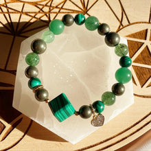 Load image into Gallery viewer, Malachite Cube ,Pyrite , Kiwi Quartz with Aventurine Bracelet