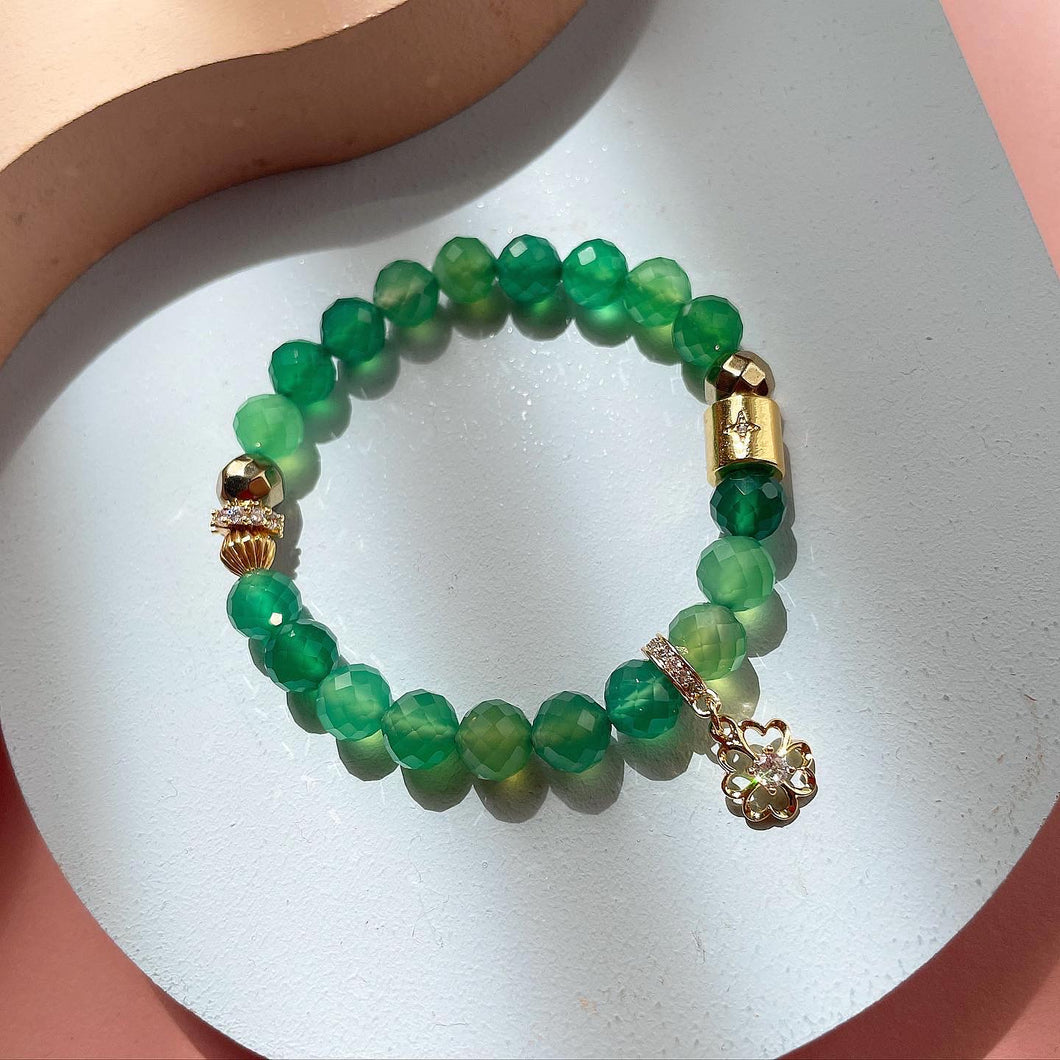 Green Onyx , Gold Hematite with Clover Charm Bracelet