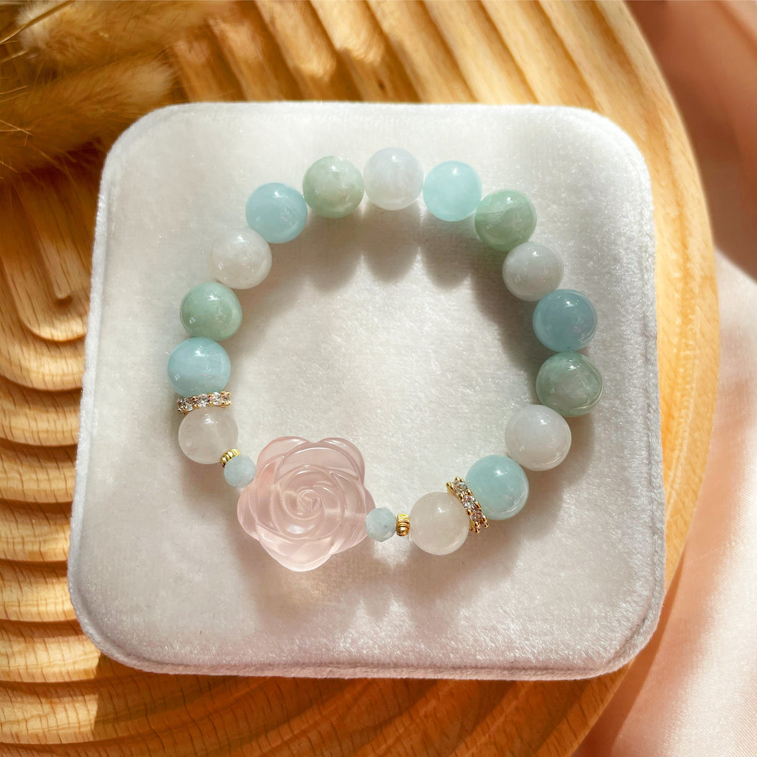 Rose Quartz Rose , Aquamarine with Jade Bracelet