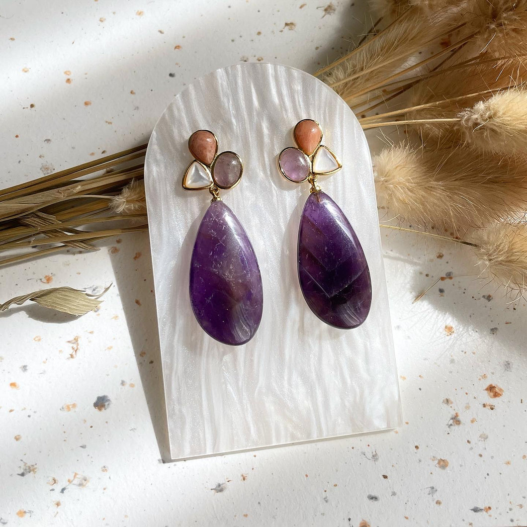 Amethyst, Mother Of Pearl with Peach Moonstone Earring