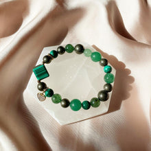 Load image into Gallery viewer, Malachite Cube ,Pyrite , Kiwi Quartz with Aventurine Bracelet
