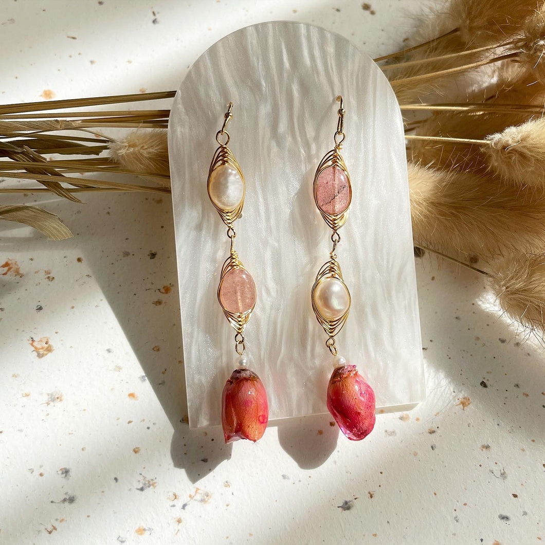 Preserved Rose , Pearl with Strawberry Quartz Earring