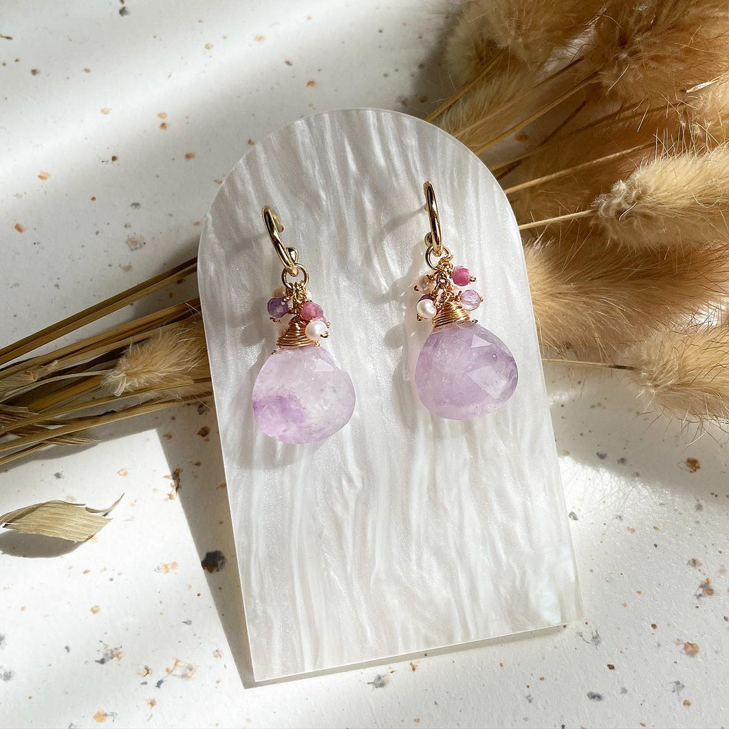 Lavender Amethyst ,Fresh Water Pearl with Pink Tourmaline Earring